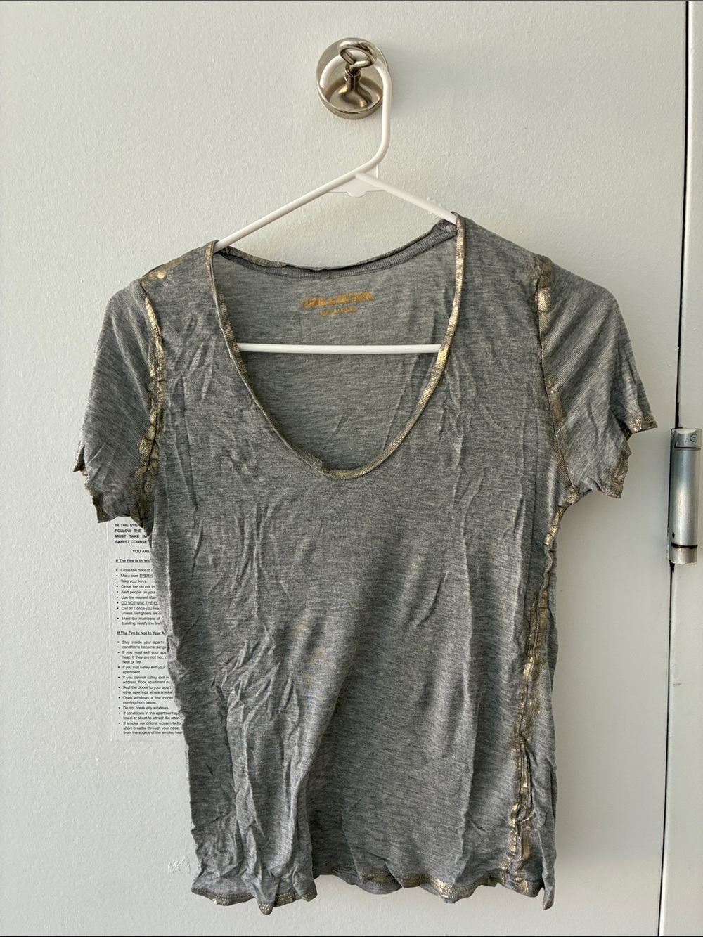 Zadig & Voltaire Women’s Grey Scoop Neck Top with Gold Trim
